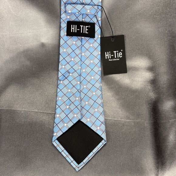 Hi-Tie Men’s 100%‎ Silk Tie Handkerchief Set Geometric Blue Silver Wedding Dance - Picture 5 of 11